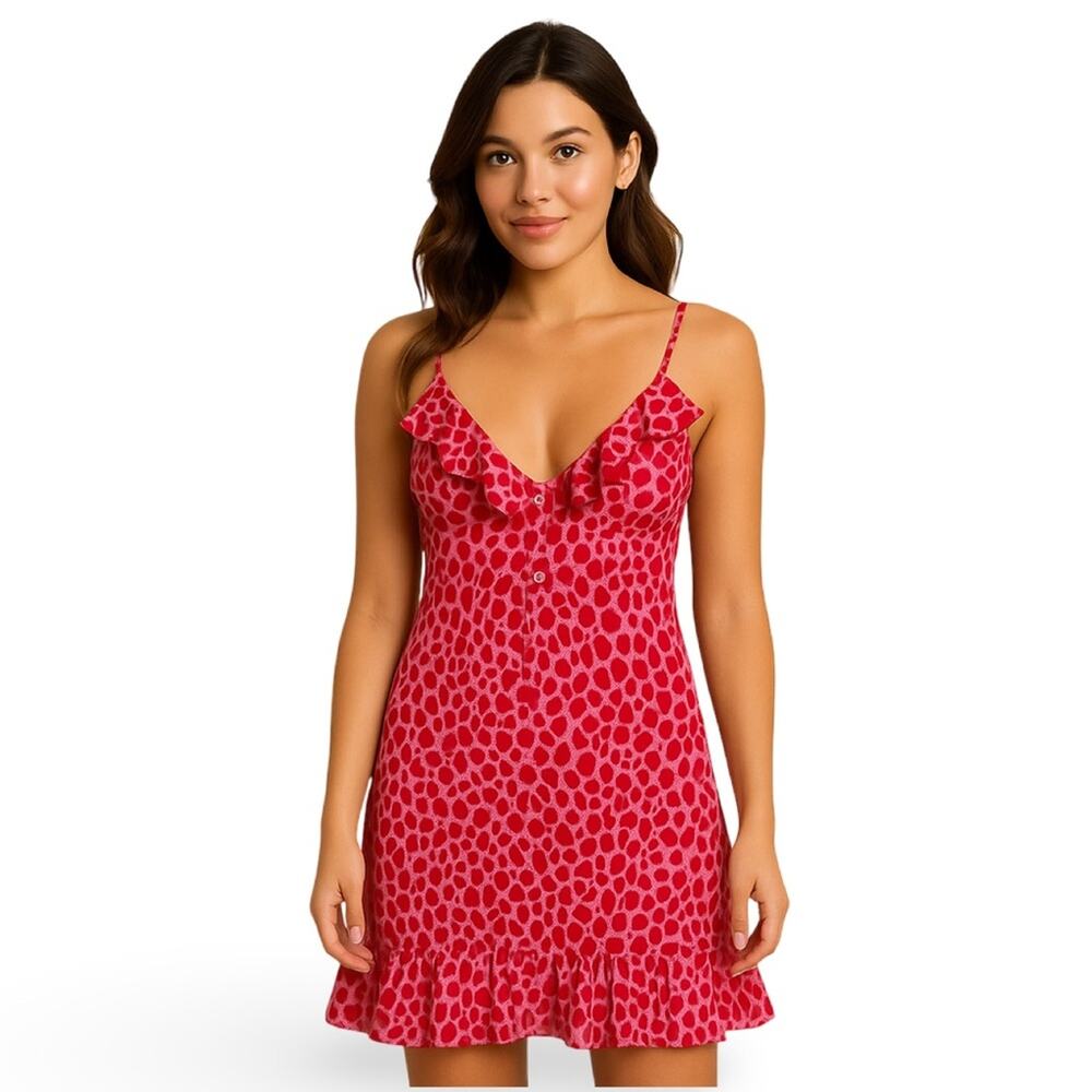 Y2K Private Luxuries Red Pink Heart Print Ruffle Lingerie Slip Dress Size M